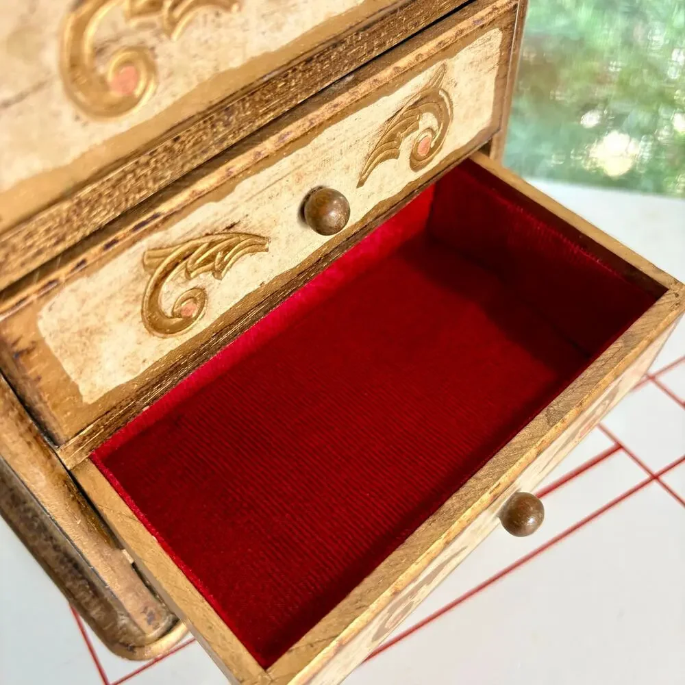 Vintage Mele Japan 4 Drawer Musical Jewelry Box Florentine Gold Red Velvet